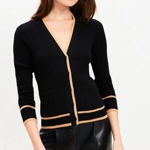 LOFT Black and Tan Ribbed V-Neck Cardigan